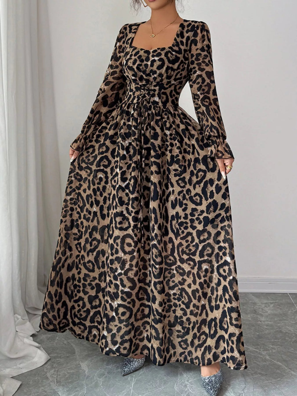 Leopard Sweetheart Neck Flounce Sleeve Maxi Dress