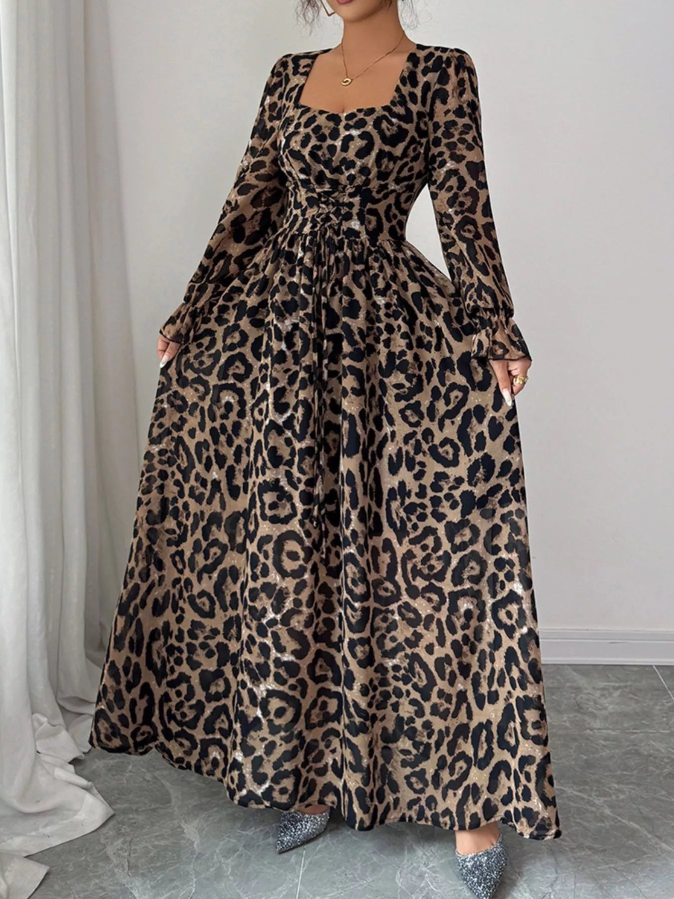 Leopard Sweetheart Neck Flounce Sleeve Maxi Dress