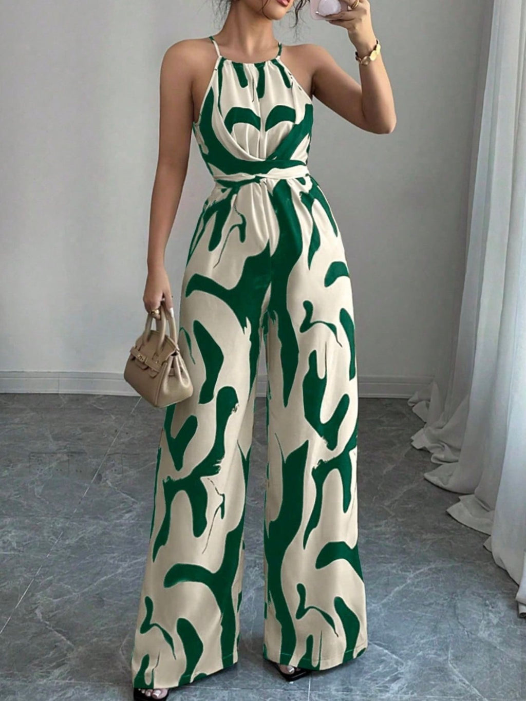 Abstract Print Sleeveless Wide Leg Jumpsuit