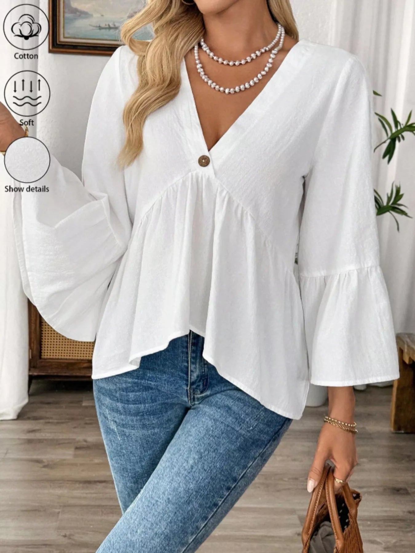 V-Neck Bell Sleeve Blouse