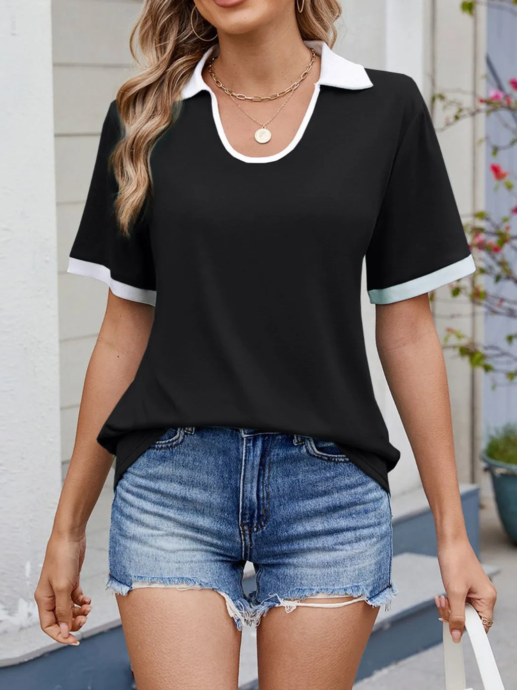 Contrast Trim Collar Short Sleeve Casual T-Shirt
