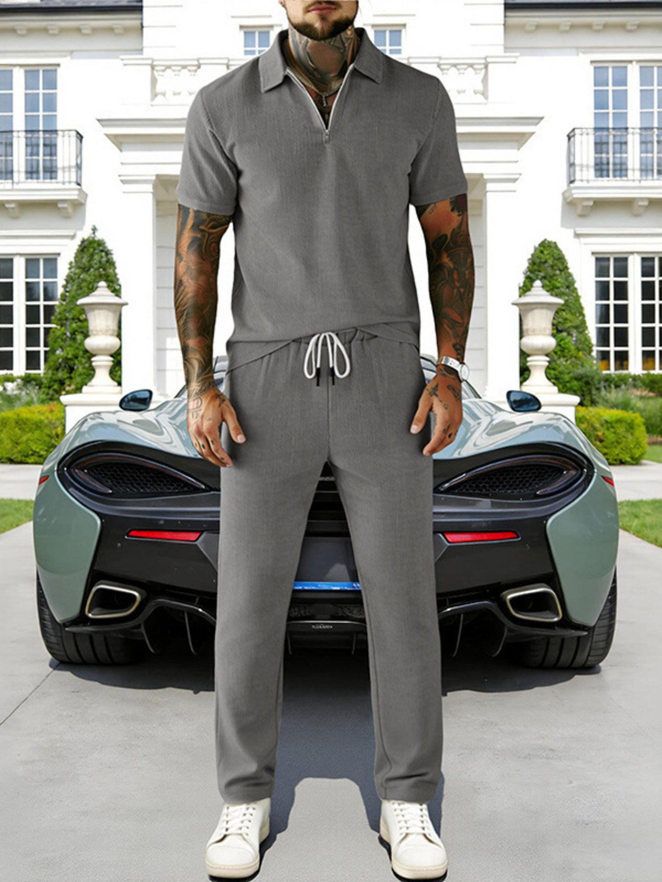Men's Full Size Casual Zipper Polo Shirt and Drawstring Pants Set Plus Size