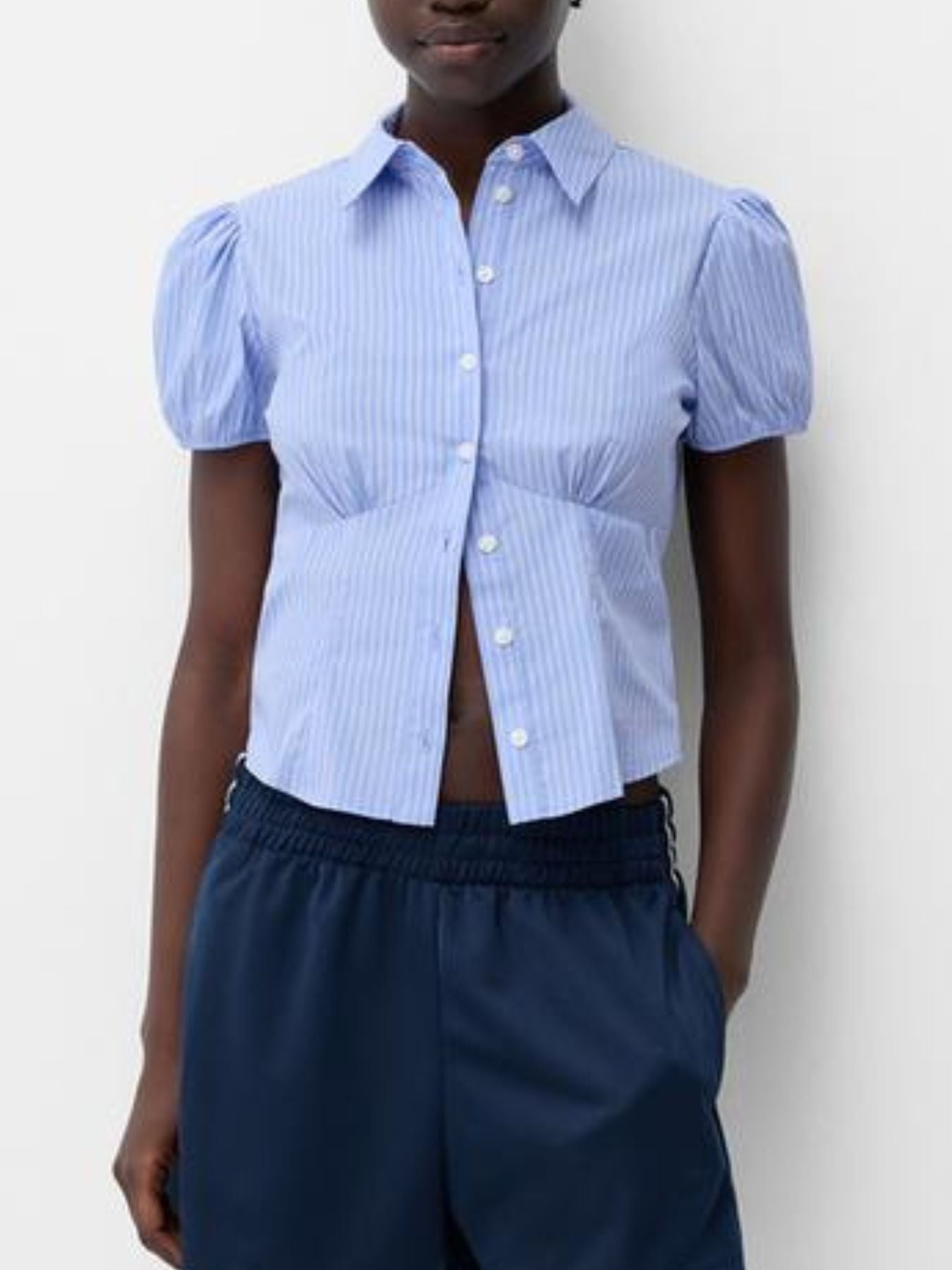 Striped Puff Sleeve Fitted Shirt