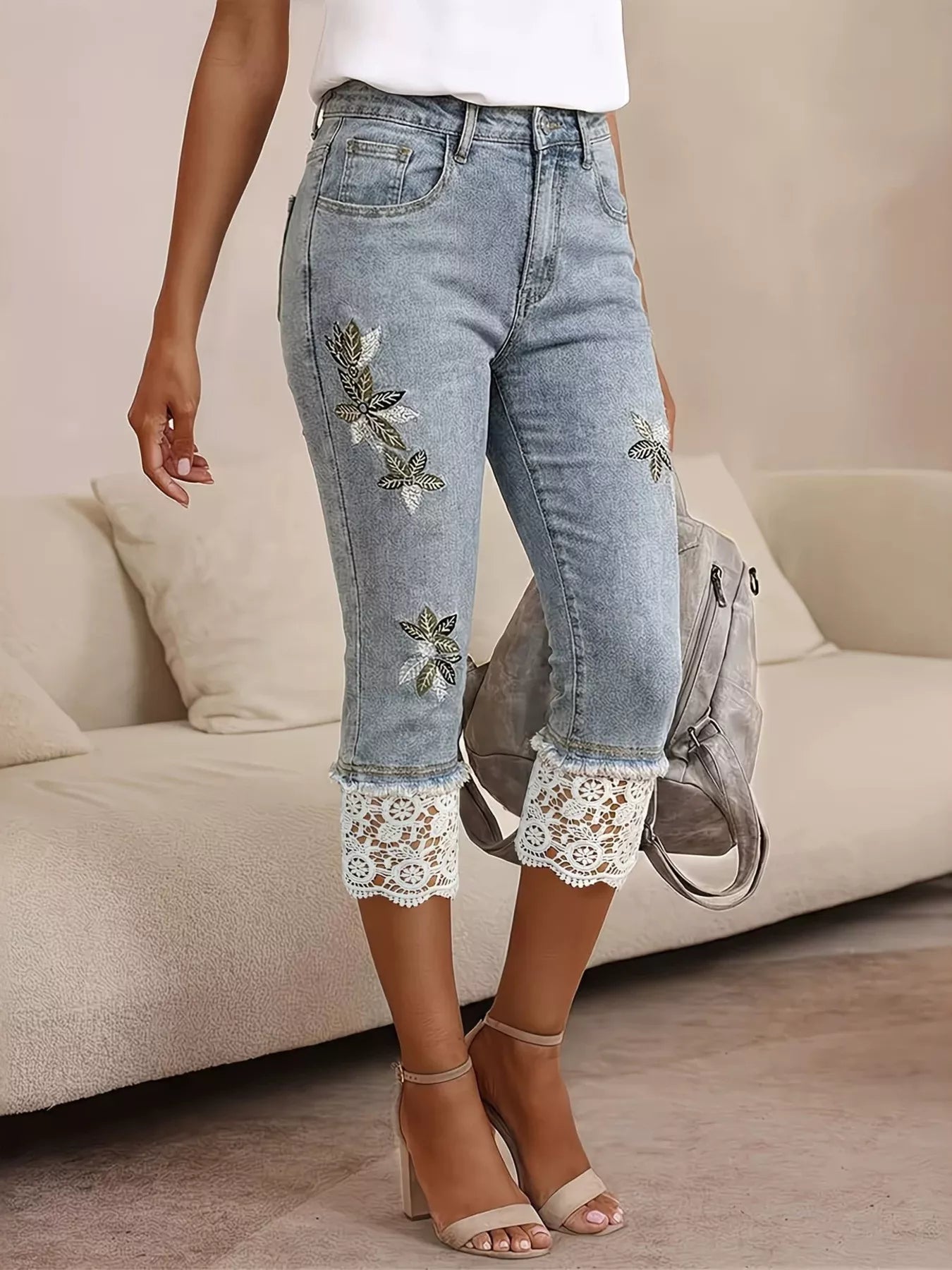 Lace Trimmed Capri Jeans
