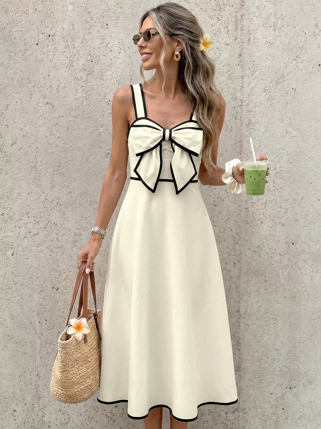 Bowknot Trim A-Line Midi Dress