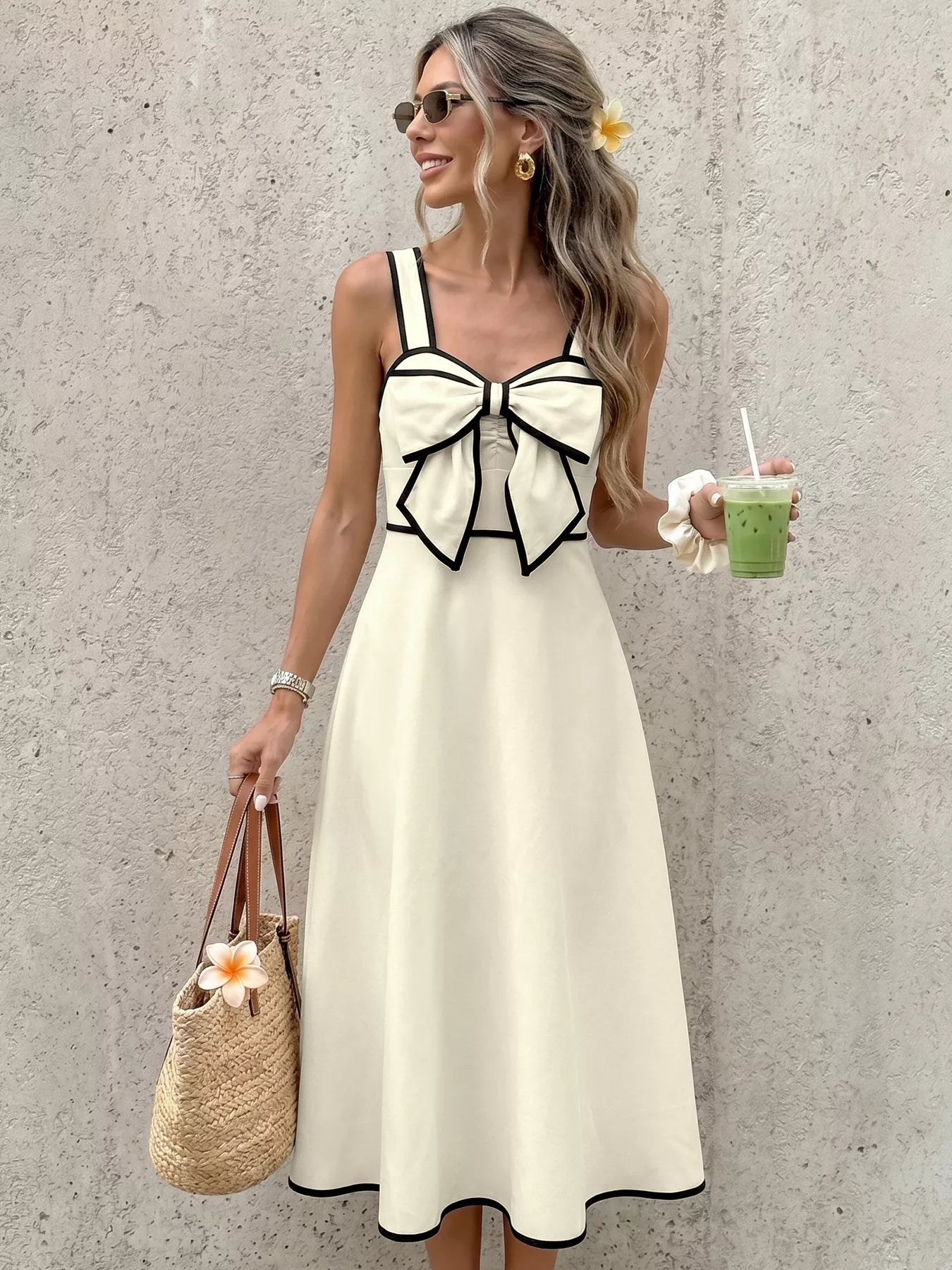 Bowknot Trim A-Line Midi Dress