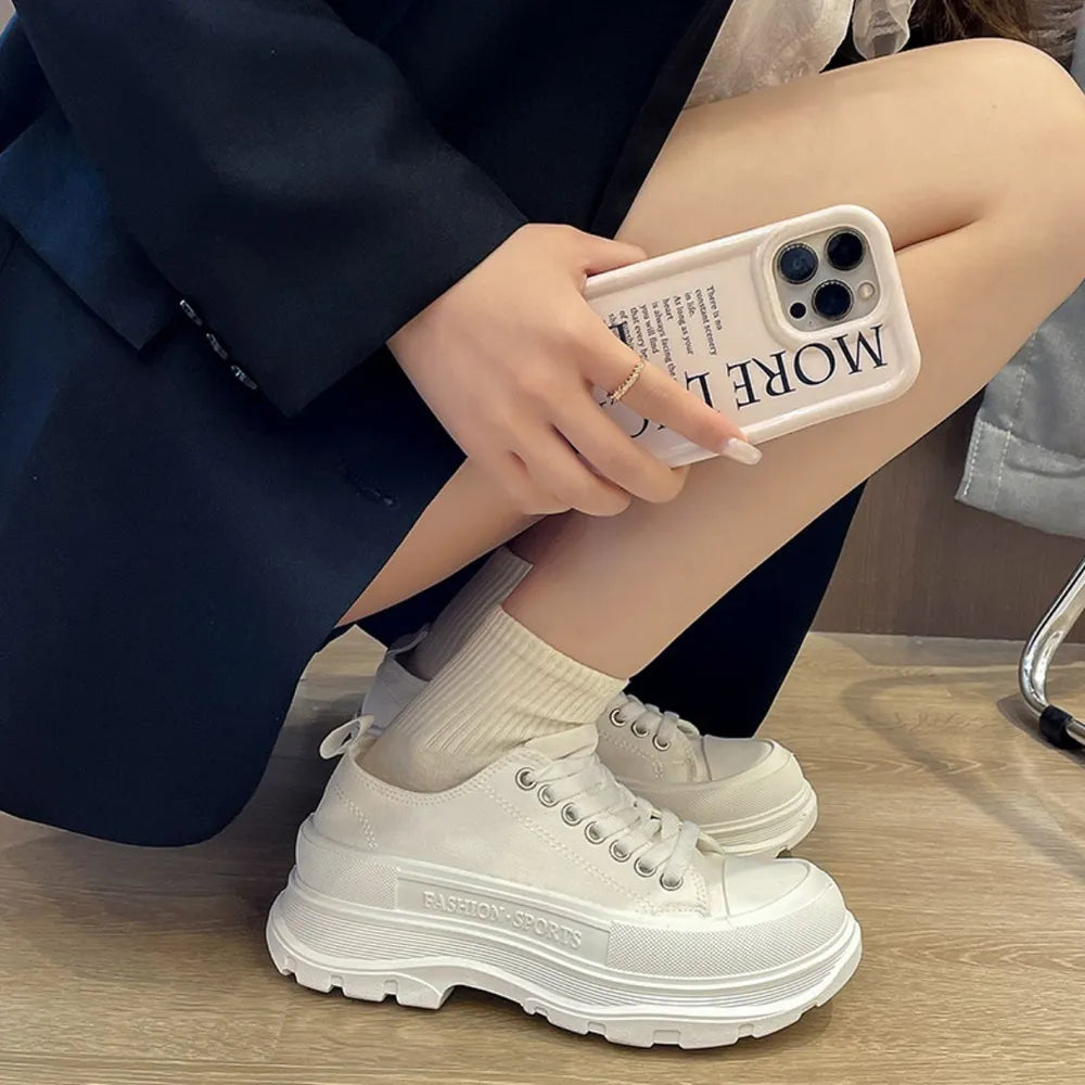 Canvas Lace Up Mid-Heel Platform Sneakers