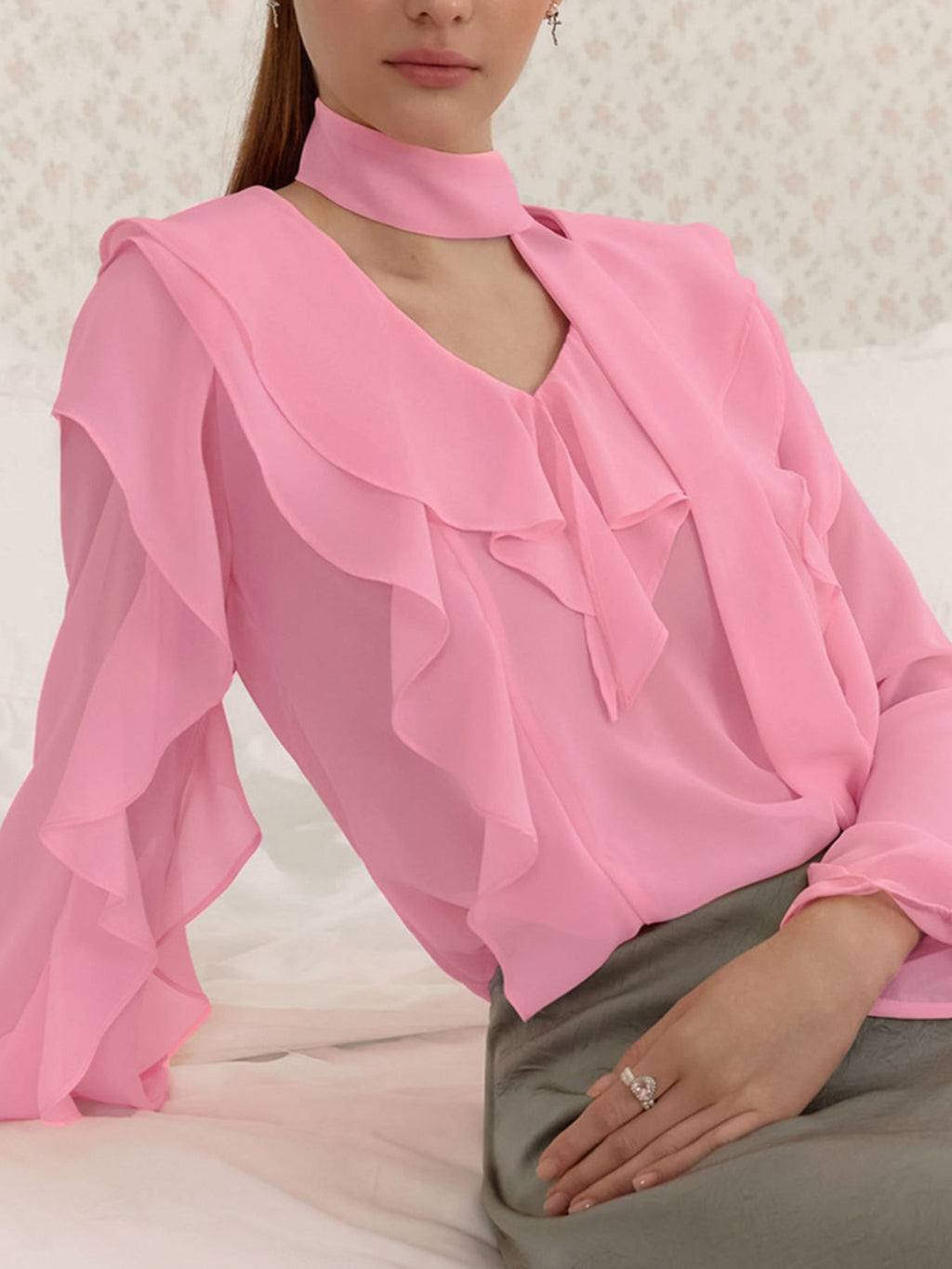 Ruffle Trim Chiffon Blouse