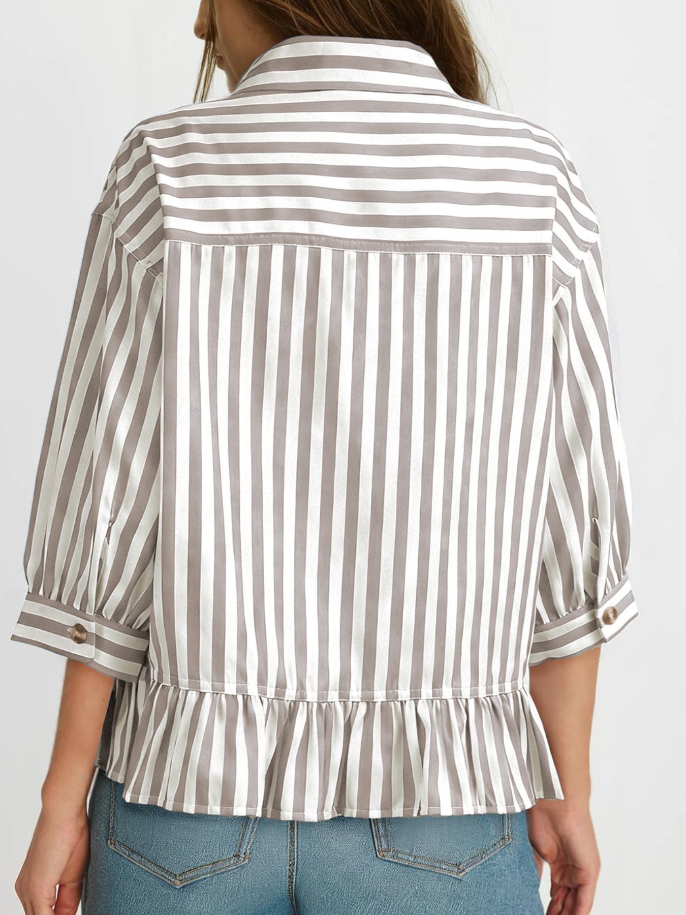 Striped Ruffle Hem Button-Down Shirt