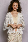 POL Floral Lace Short Sleeve Crochet Cardigan with Tassel Tie