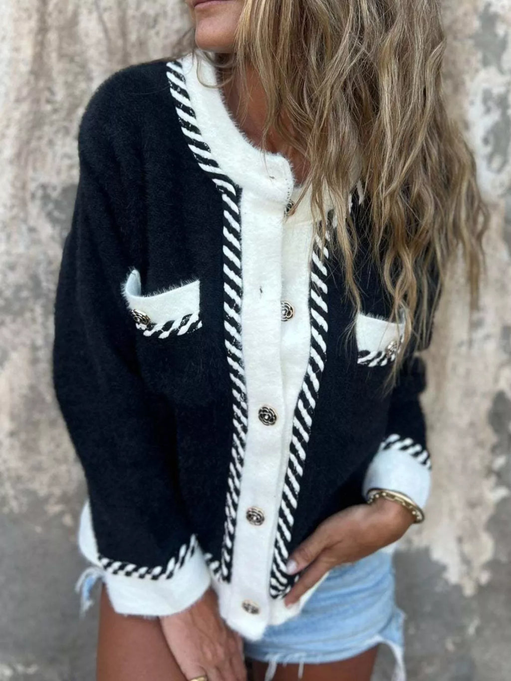 Contrast Trim Button Up Cardigan