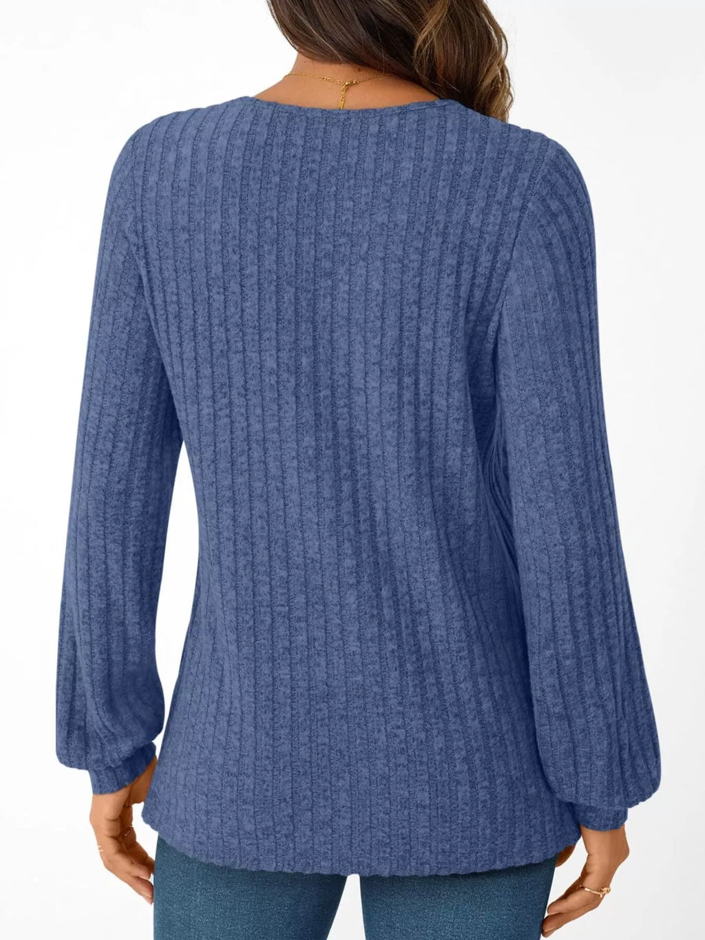 Ribbed Knit V-Neck Long Sleeve T-Shirt