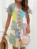 Geometric V-Neck Short Sleeve Button-Front Dress