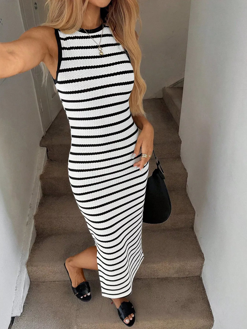 Sleeveless Striped Bodycon Midi Dress