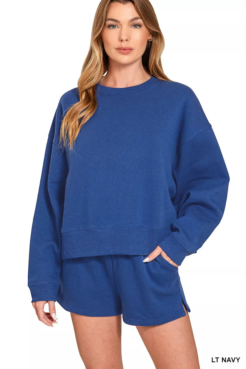 Zenana Fleece Round Neck Sweatshirt and Shorts Set