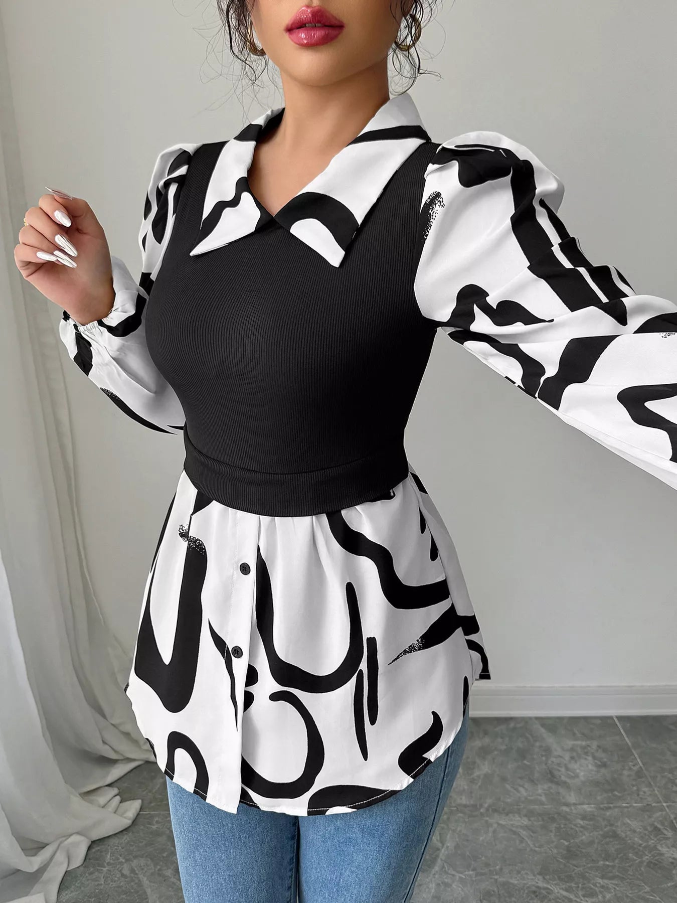 Abstract Print Long Sleeve Blouse