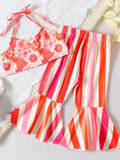 Children's Floral Print Crop Top and Striped Pants Set