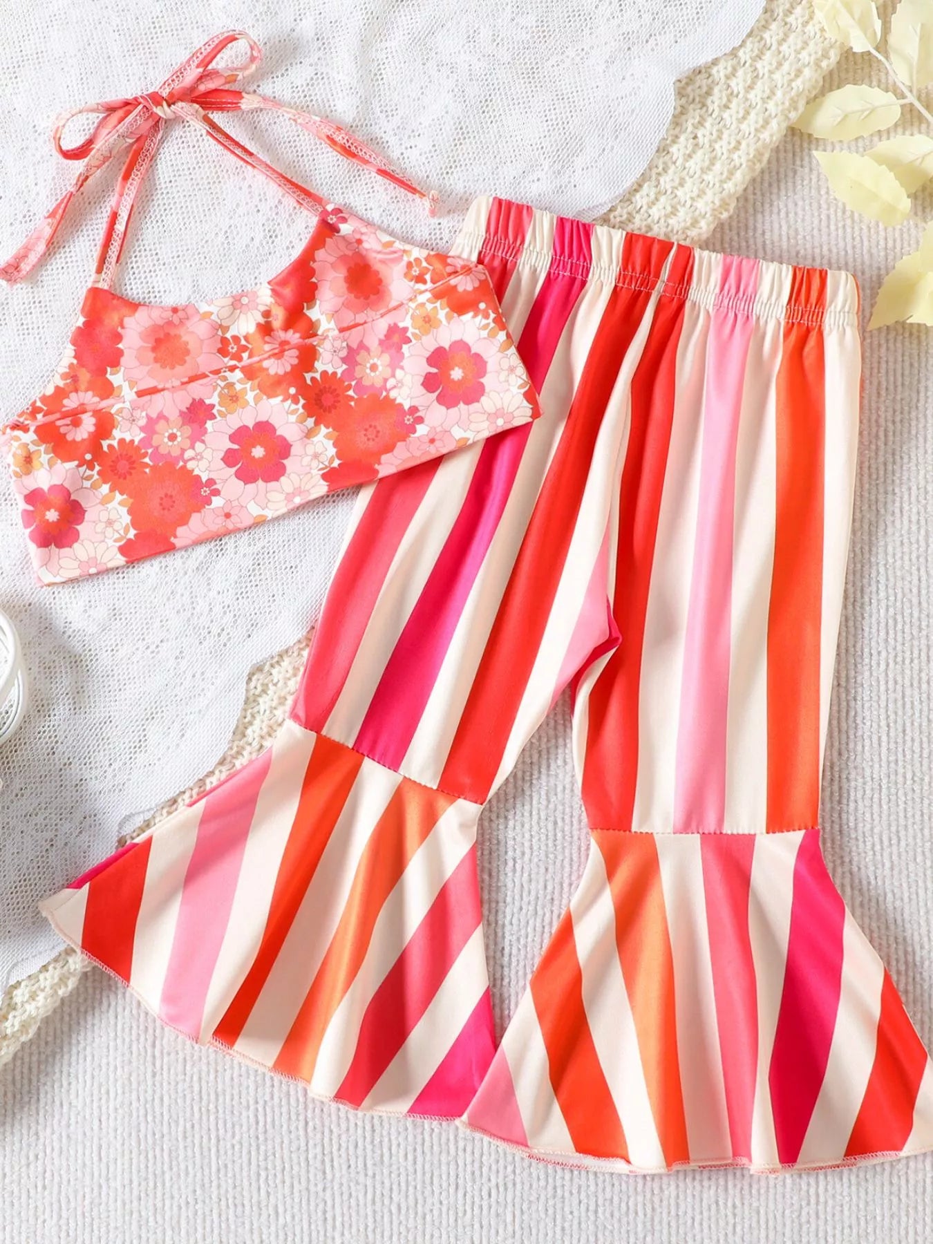 Children's Floral Print Crop Top and Striped Pants Set
