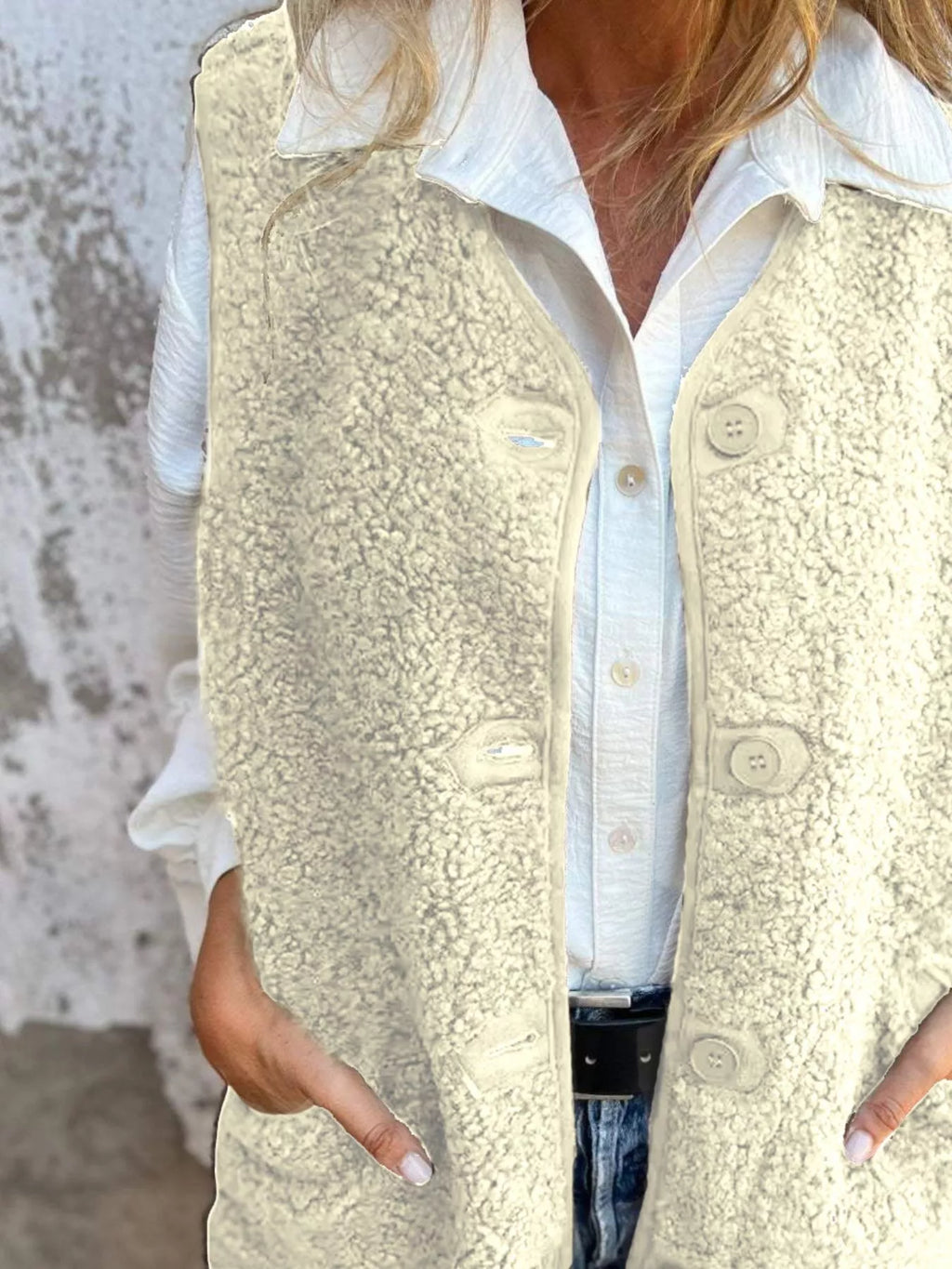 Full Size Cozy Sherpa Fleece Button-Up Vest Coat with Pockets Plus Size