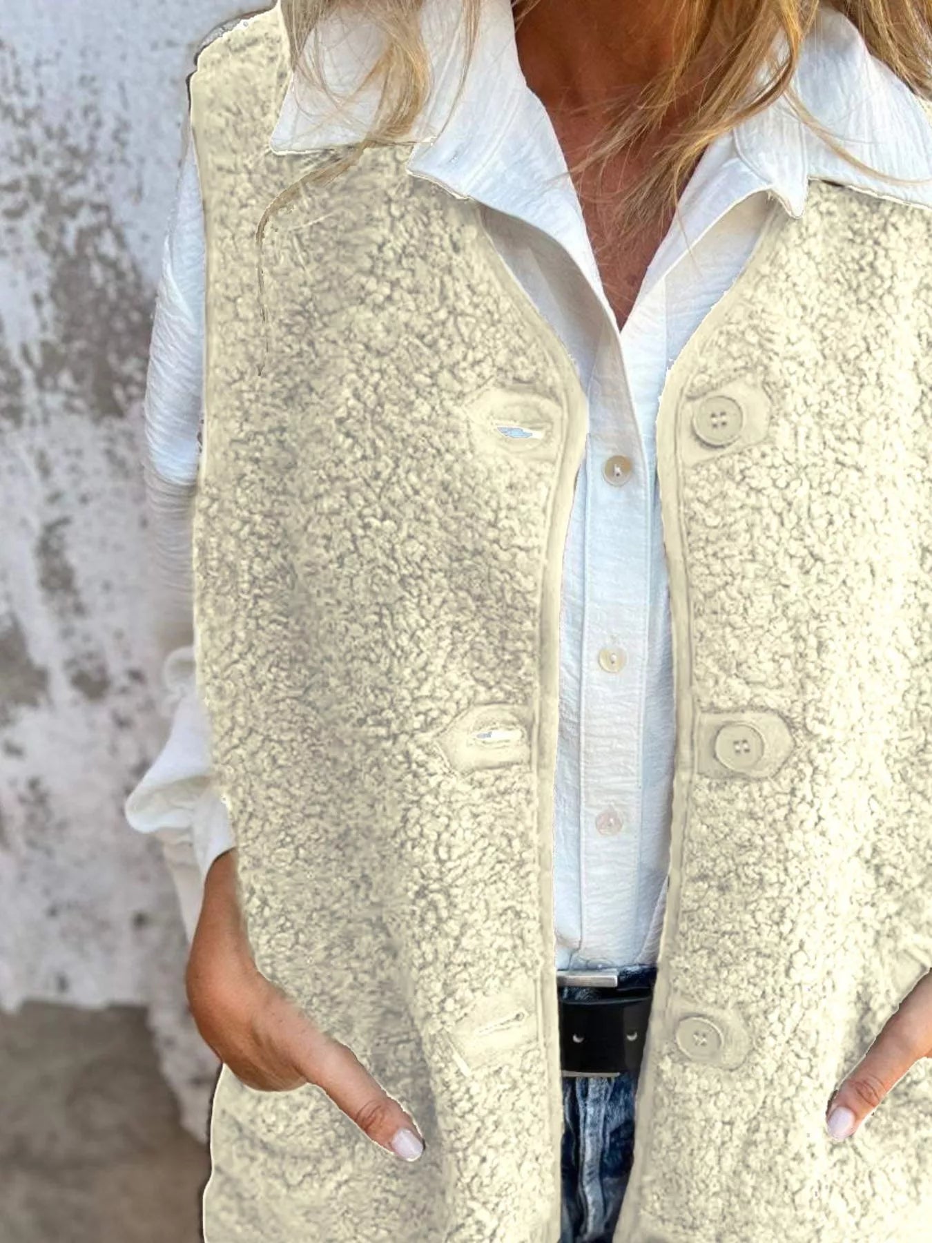 Full Size Cozy Sherpa Fleece Button-Up Vest Coat with Pockets Plus Size