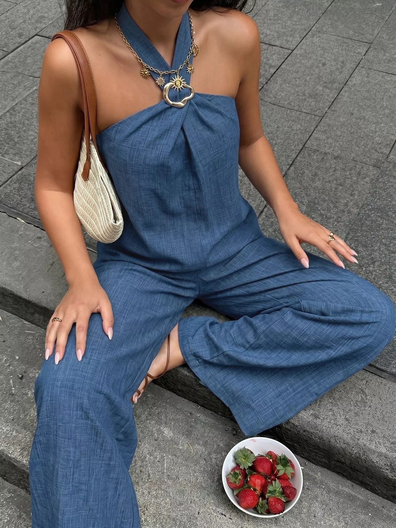 Halter Neck Top and Wide-Leg Pants Set