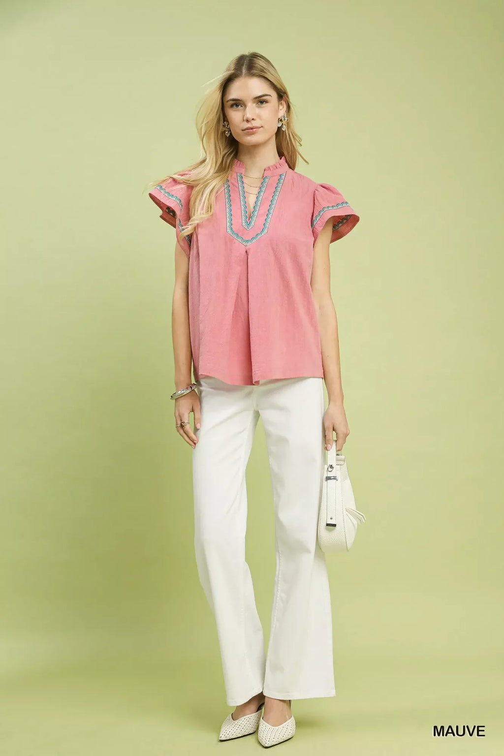 Umgee Embroidered Flutter Sleeve Blouse