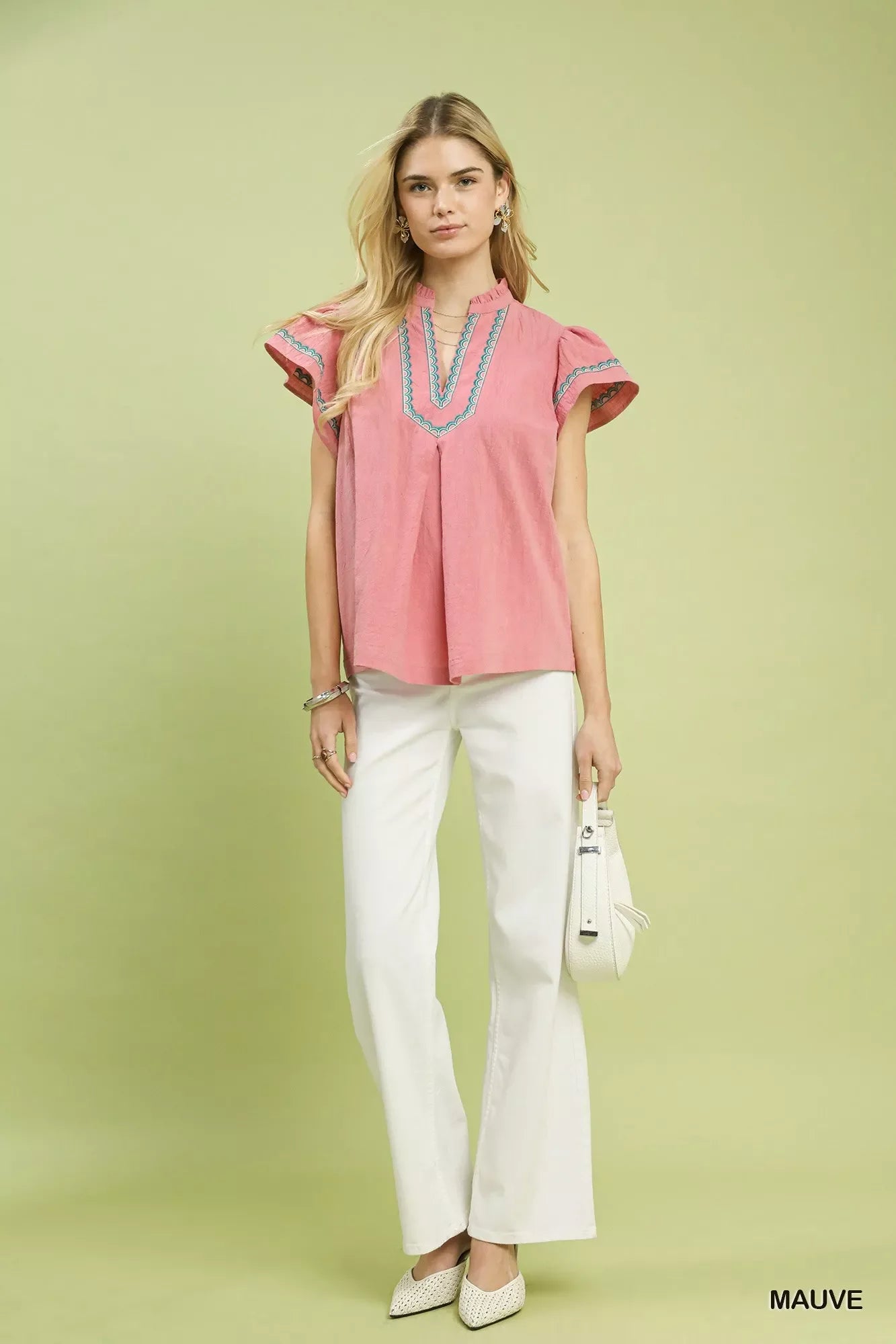 Umgee Embroidered Flutter Sleeve Blouse