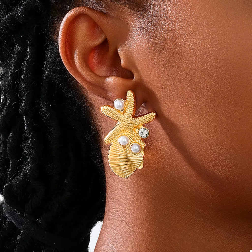 Ocean Starfish Shell Synthetic Pearl Drop Earrings
