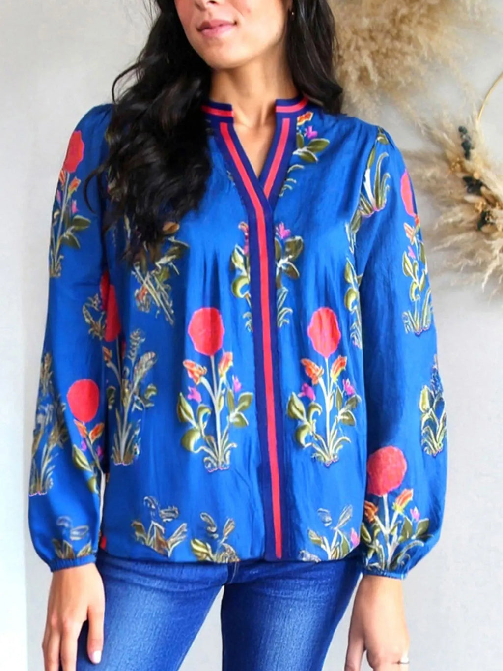 Floral Notched Balloon Sleeve Blouse