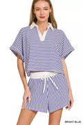 Zenana Striped Collared Top & Shorts Set