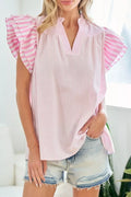 Stripe Contrast Trim V Neck Flutter Sleeve Blouse