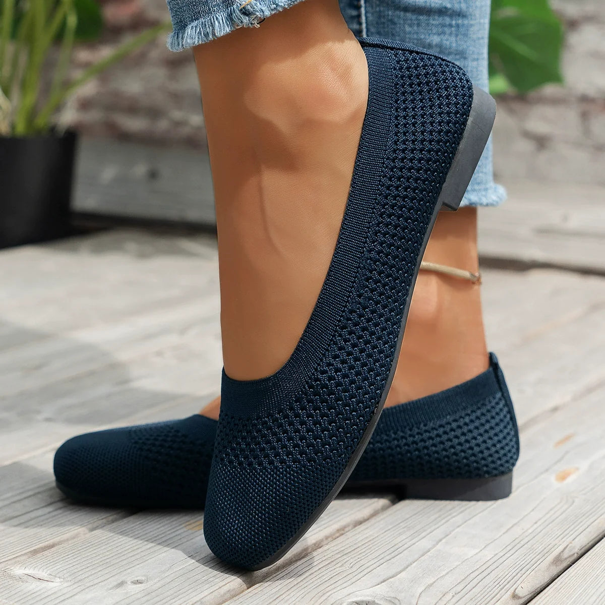 Square Toe Solid Color Mesh Slip-Ons