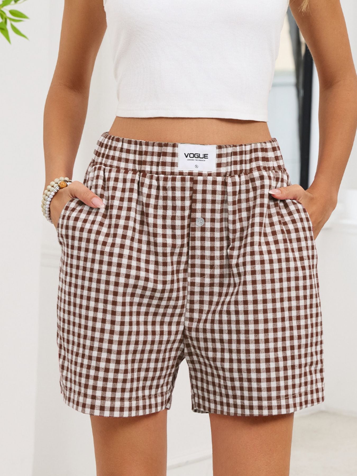 Gingham Elastic Waist Casual Shorts