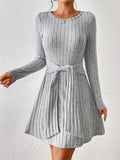 Ribbed Knit Tie Waist Long Sleeve Casual Dress