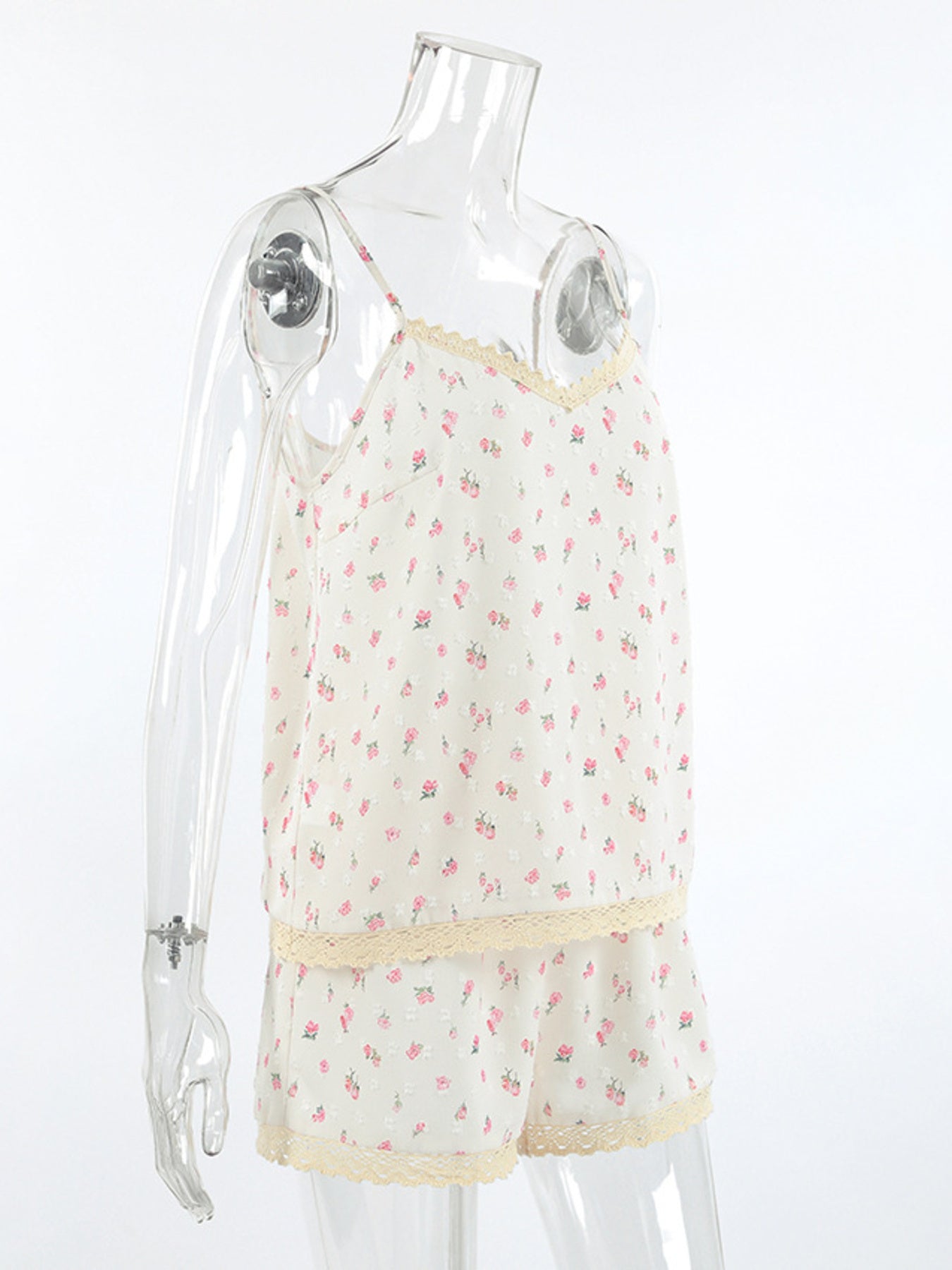 Floral Print Lace Trim Cami and Shorts Set