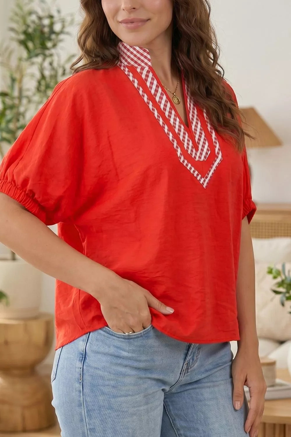 V Neck Plaid Collar Short Sleeve Tunic Blouse