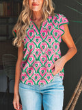 Abstract Heart In Heart Print Striped Trim Polo Collar Short Sleeve Blouse