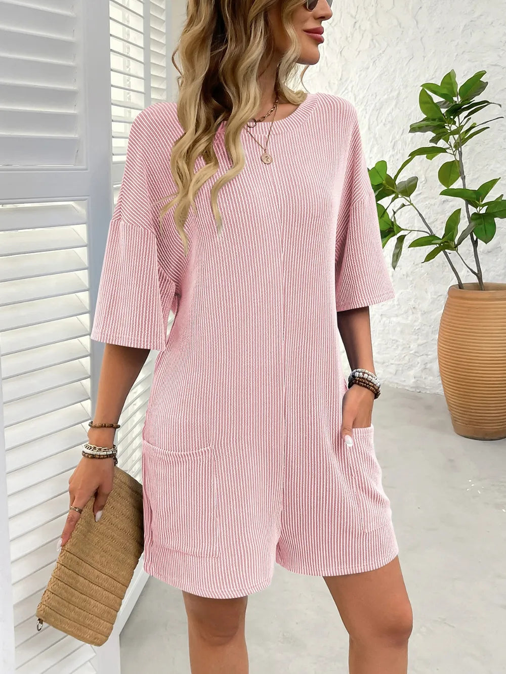 Backless Textured Round Neck Half Sleeve Romper