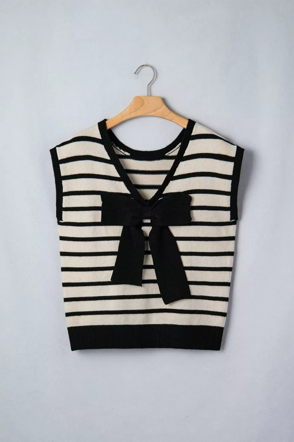 Stripe Bow Applique Short Sleeve Sweater