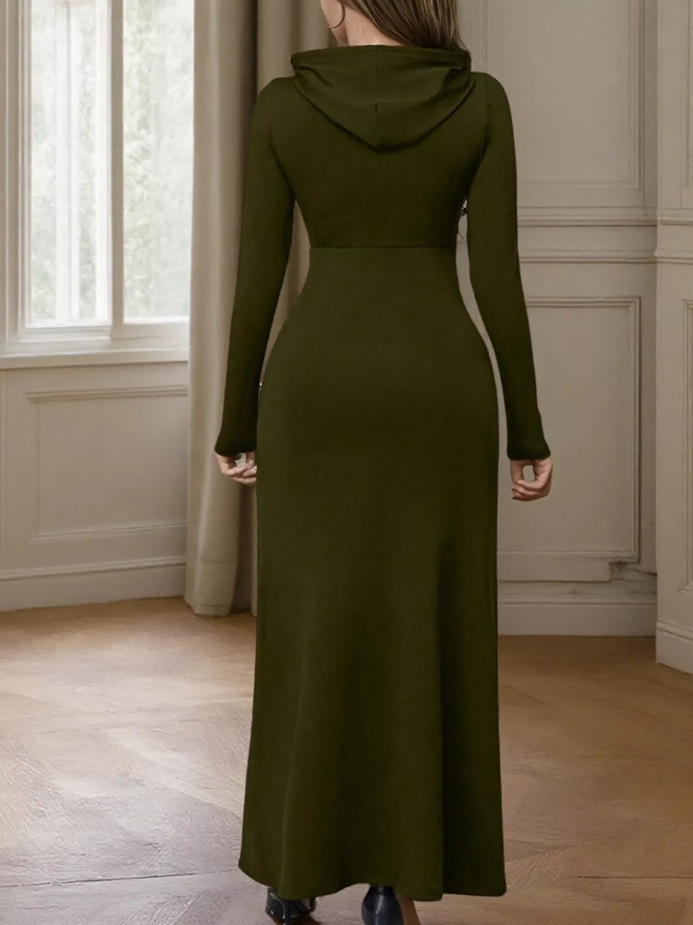 Drawstring Long Sleeve Hooded Maxi Dress