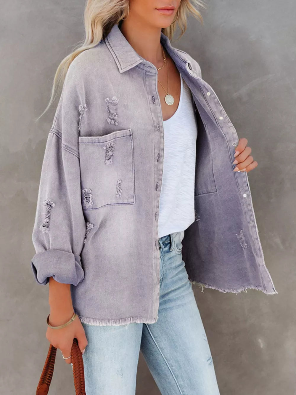 Raw Hem Button Up Denim Shacket