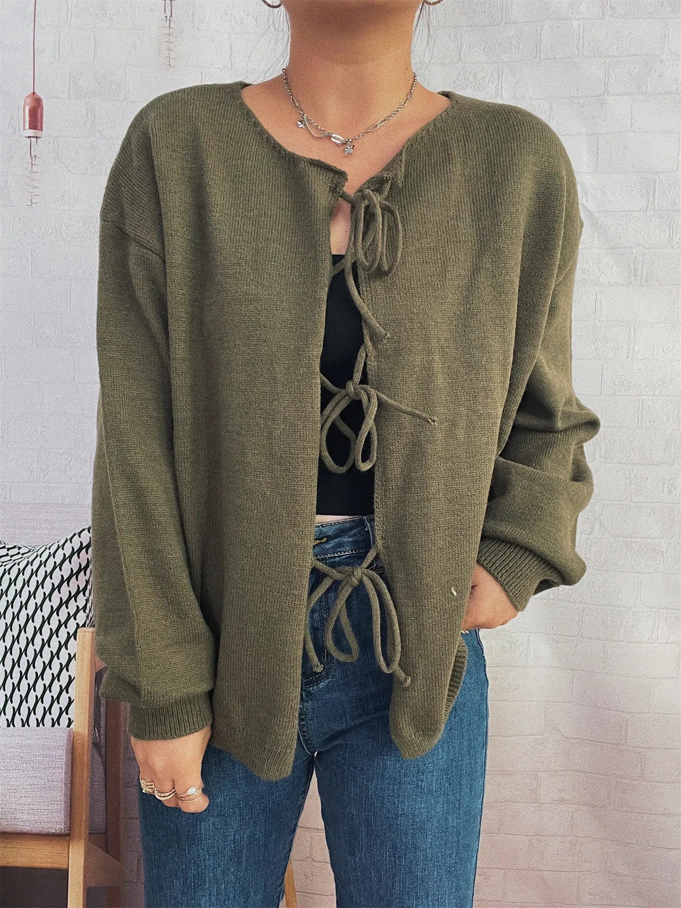 Tie Front Drop Shoulder Cardigan