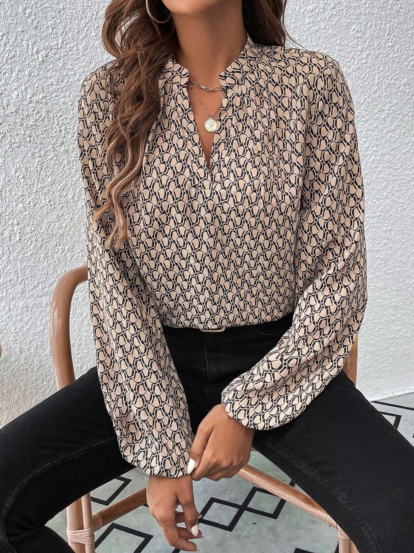Printed Notched Balloon Sleeve Blouse