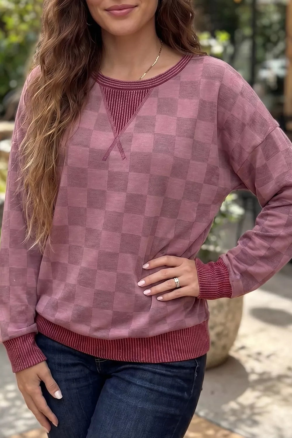 Ribbed Trim Checkered Print Long Sleeve Pullover Top