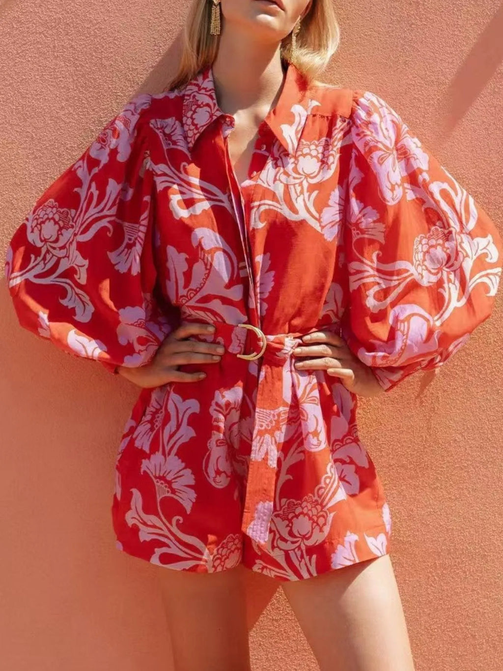 Printed Long Sleeve Belted Romper
