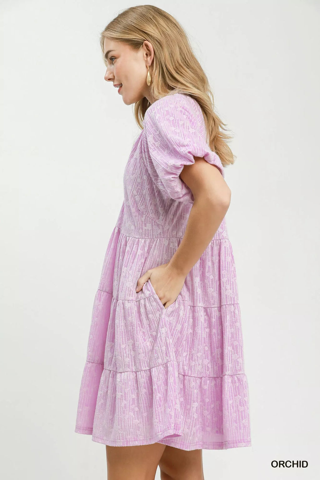 Umgee Jacquard Puff Sleeve Mini Dress