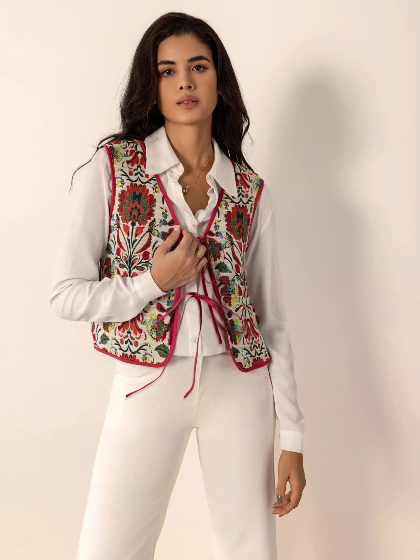 Floral Embroidered Tie-Front Vest Coat