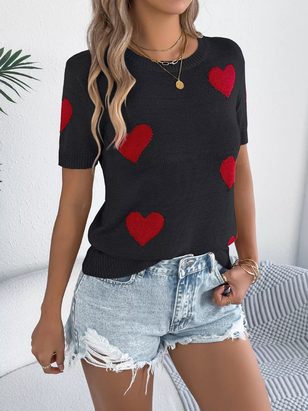 Heart Pattern Short Sleeve Knit Top