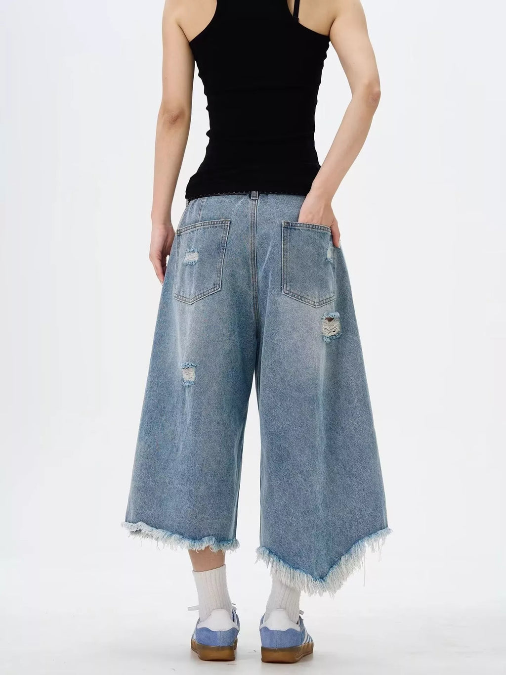Men's Full Size Distressed Raw Hem Wide Leg Jeans Plus Size