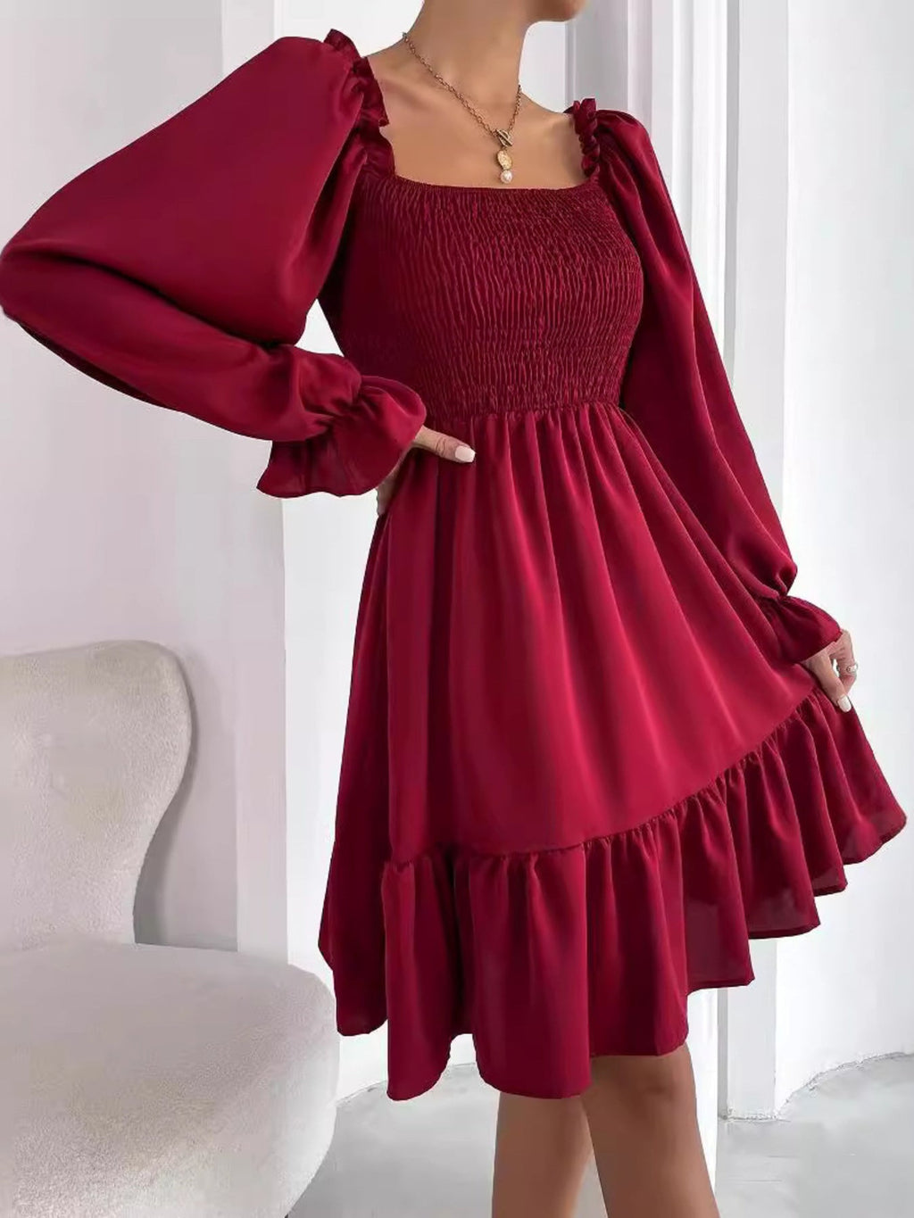Smocked Flounce Sleeve Mini Dress
